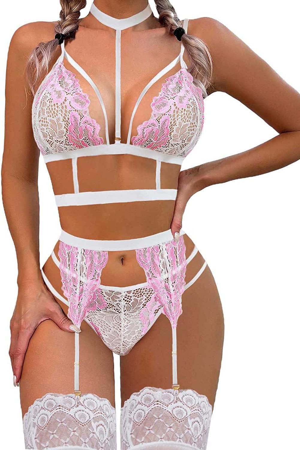 Avidlove Lace Garter Lingerie Set with Removable Choker Teddy Babydoll Strappy Bra and Panty Set (No Stockings) White&pink / Medium