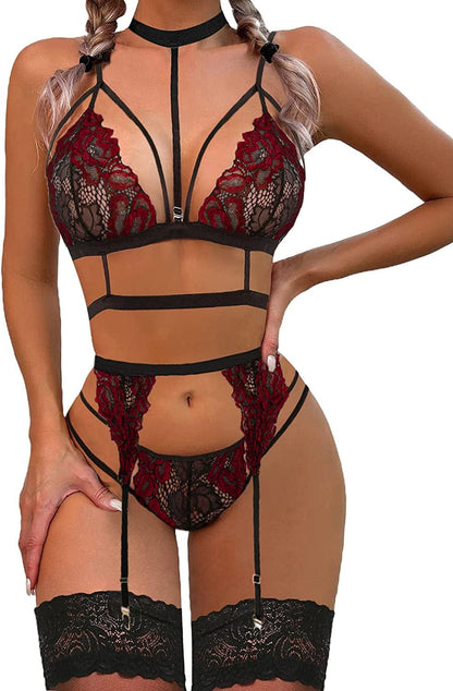 Avidlove Lace Garter Lingerie Set with Removable Choker Teddy Babydoll Strappy Bra and Panty Set (No Stockings) Black&wine red / Medium