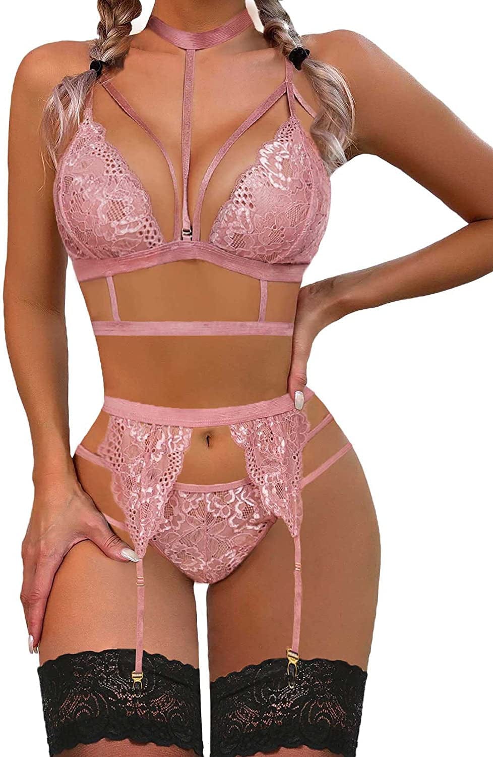 Avidlove Lace Garter Lingerie Set with Removable Choker Teddy Babydoll Strappy Bra and Panty Set (No Stockings) Rose Pink / 3X-Large