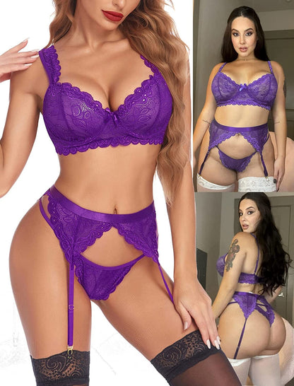 Avidlove Lace Garter Lingerie Set with Underwire Push up Lingerie Set (No Stockings)