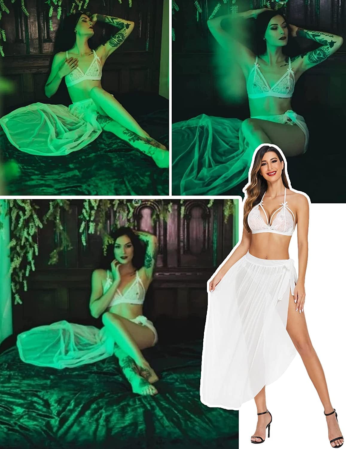 Avidlove Lingerie for Women Lace Bra and Panty Set 3 Piece Lingerie Sexy Set with Mesh Skirt A White / XX-Large