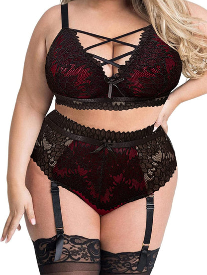 Avidlove plus Size Lingerie for Women Sexy Mesh Bra and Panty Set with Garter Straps L-5XL Wine Red / 4X-Large