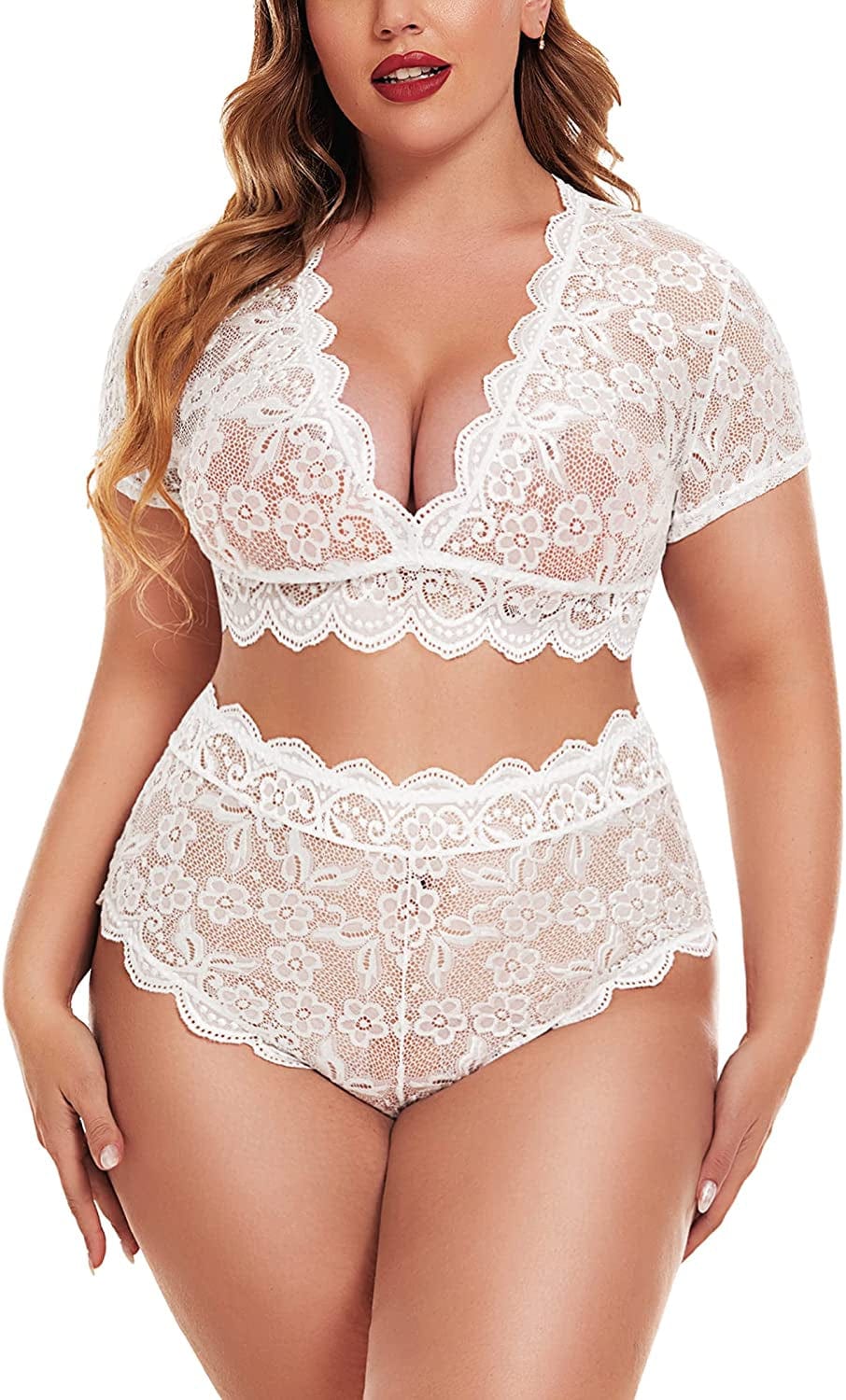 Avidlove plus Size Lingerie plus Floral Lace Scallop Trim Lingerie Set Deep V Allover Lace Bra Panties Set Sexy Clubwear White / 20 Plus