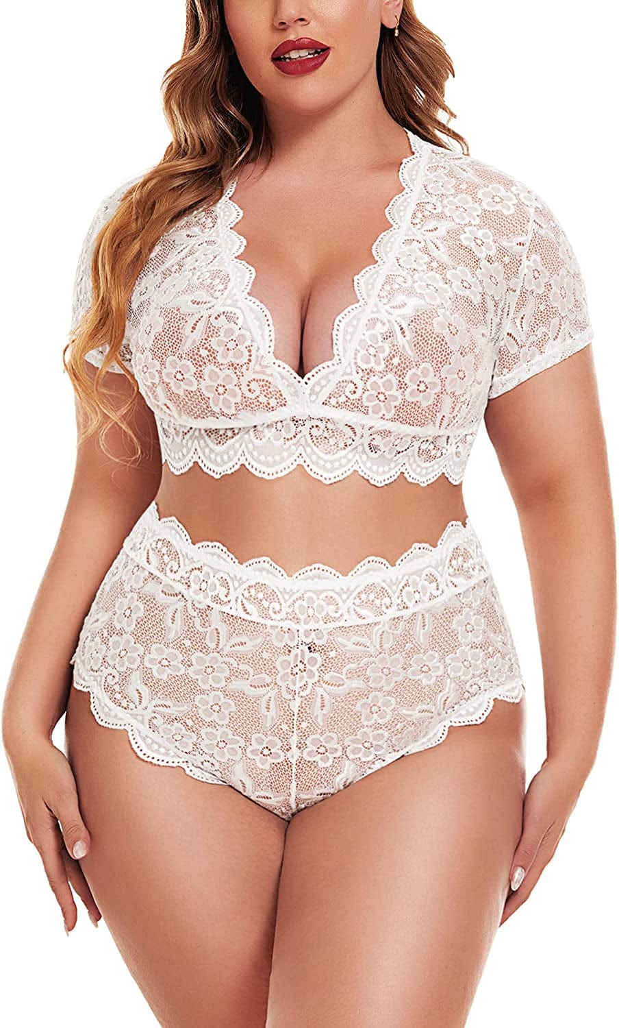 Avidlove plus Size Lingerie plus Floral Lace Scallop Trim Lingerie Set Deep V Allover Lace Bra Panties Set Sexy Clubwear White / 16 Plus