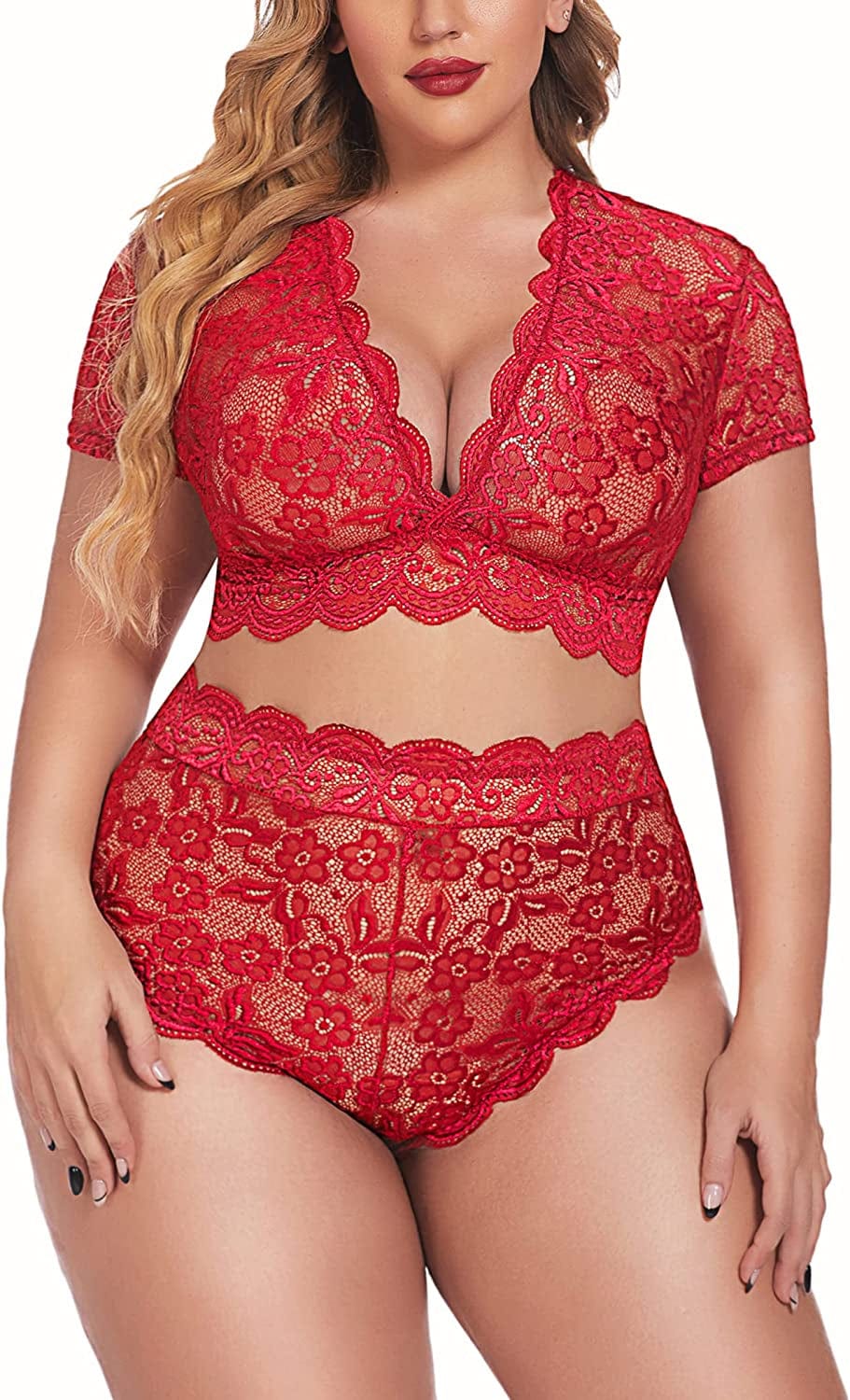 Avidlove plus Size Lingerie plus Floral Lace Scallop Trim Lingerie Set Deep V Allover Lace Bra Panties Set Sexy Clubwear Red / 18 Plus