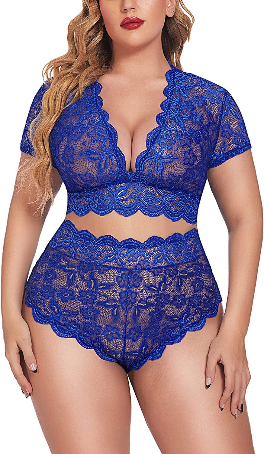Avidlove plus Size Lingerie plus Floral Lace Scallop Trim Lingerie Set Deep V Allover Lace Bra Panties Set Sexy Clubwear Sky Blue / 16 Plus