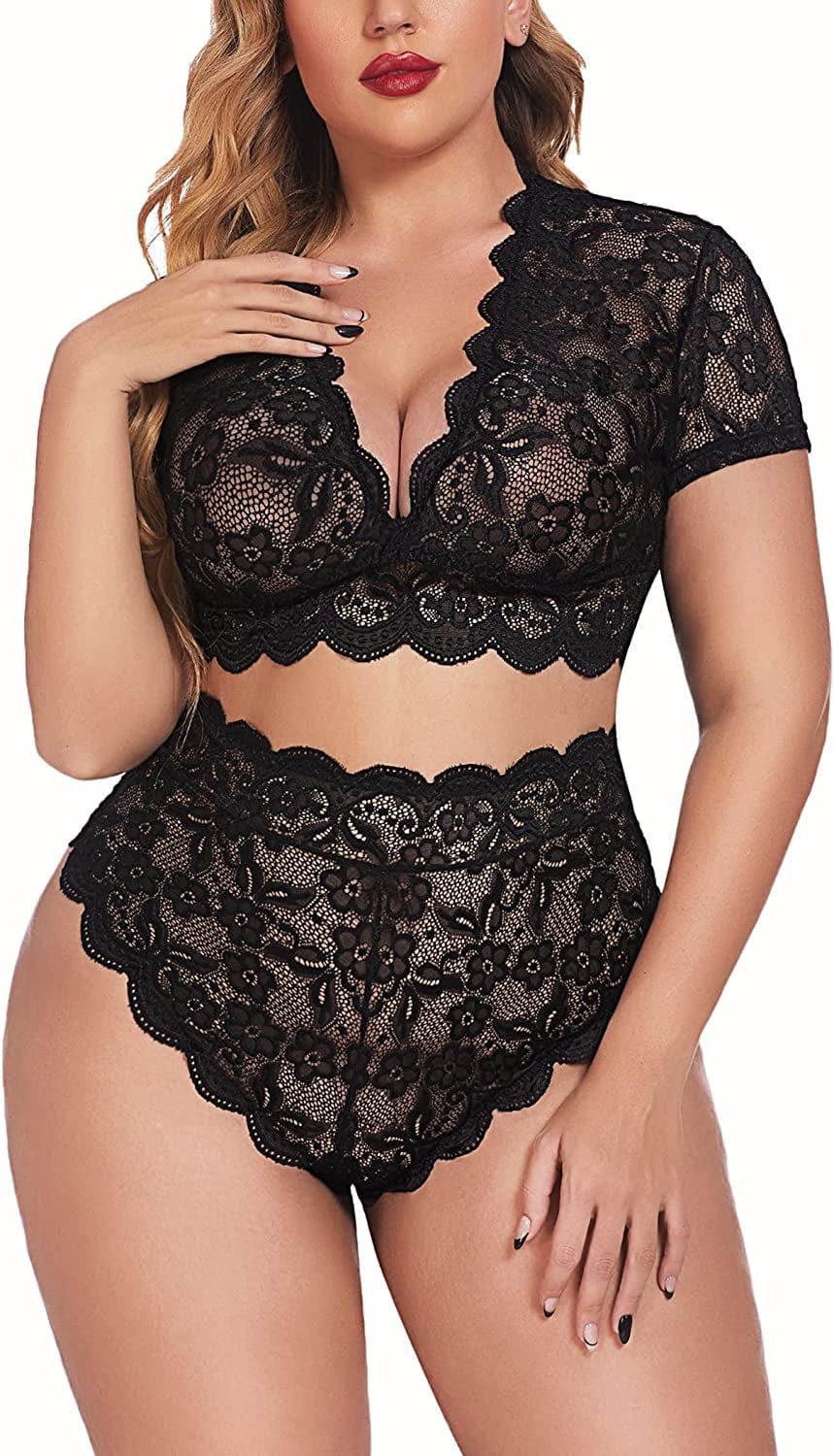 Avidlove plus Size Lingerie plus Floral Lace Scallop Trim Lingerie Set Deep V Allover Lace Bra Panties Set Sexy Clubwear