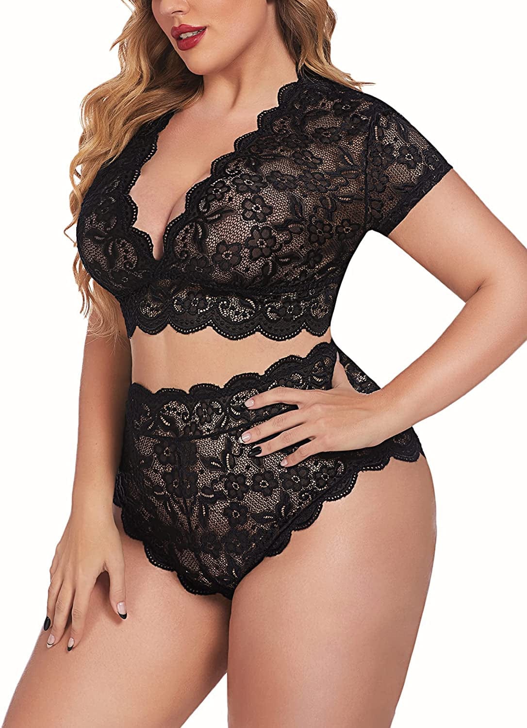 Avidlove plus Size Lingerie plus Floral Lace Scallop Trim Lingerie Set Deep V Allover Lace Bra Panties Set Sexy Clubwear