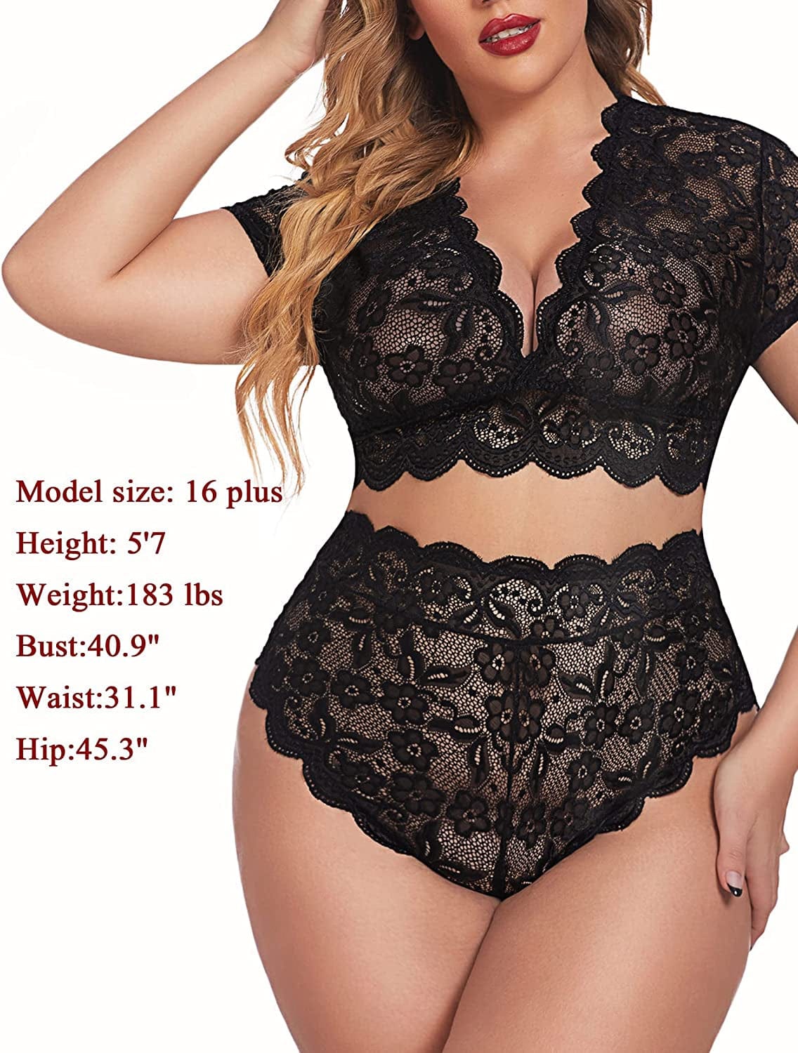 Avidlove plus Size Lingerie plus Floral Lace Scallop Trim Lingerie Set Deep V Allover Lace Bra Panties Set Sexy Clubwear