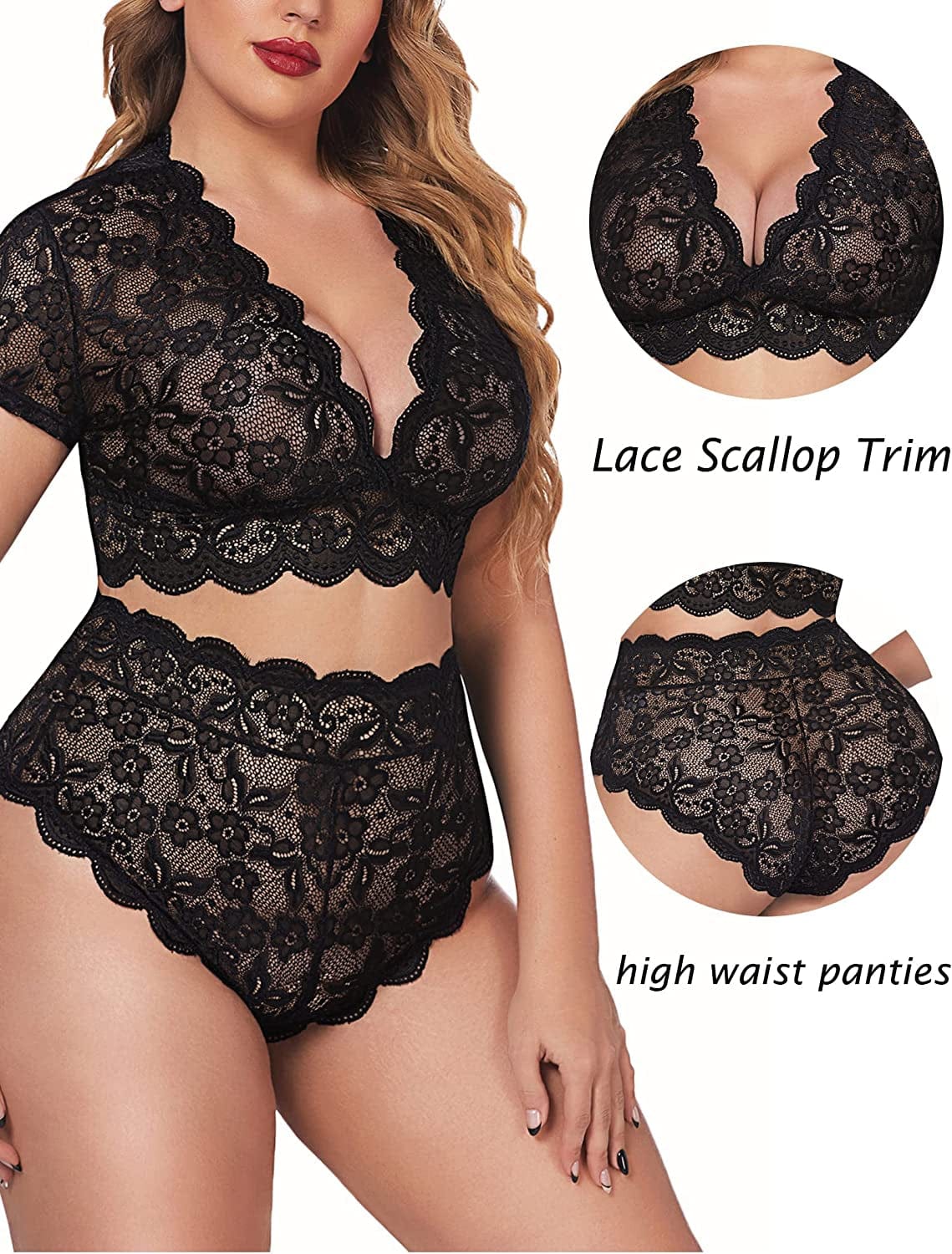 Avidlove plus Size Lingerie plus Floral Lace Scallop Trim Lingerie Set Deep V Allover Lace Bra Panties Set Sexy Clubwear
