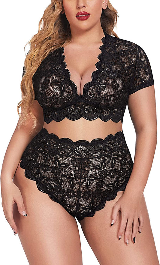 Avidlove plus Size Lingerie plus Floral Lace Scallop Trim Lingerie Set Deep V Allover Lace Bra Panties Set Sexy Clubwear 1 Black / 16 Plus