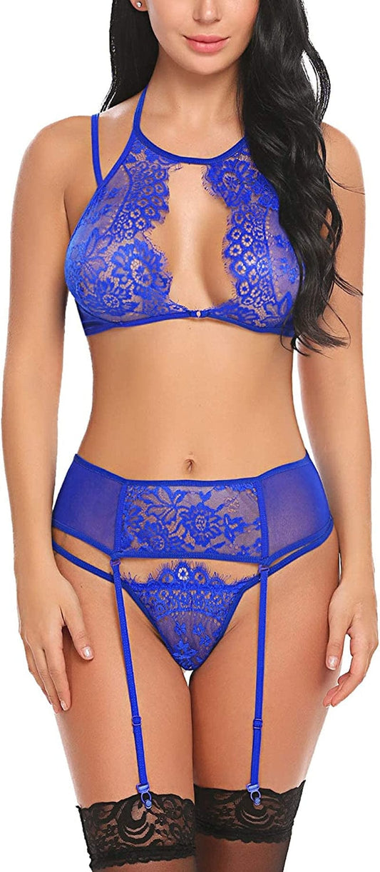 Avidlove Women Lace Lingerie Set with Garter Belts Lace Teddy Babydoll Bodysuit (NO Stockings) Dark Blue / X-Large