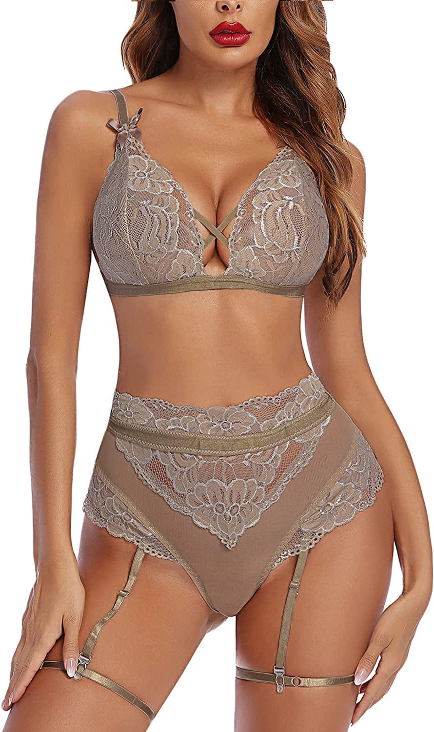 Avidlove Women Lingerie Set with Garter Belts Lace Lingerie High Waist Lingerie Sexy Bra and Panty Set Camel / Small