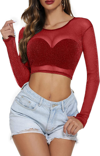 Avidlove Women Mesh Crop Top Long Sleeve See through Shirt Sheer Blouse O Neck Clubwear S-4XL Long Sleeve-red(shimmer) / XX-Large