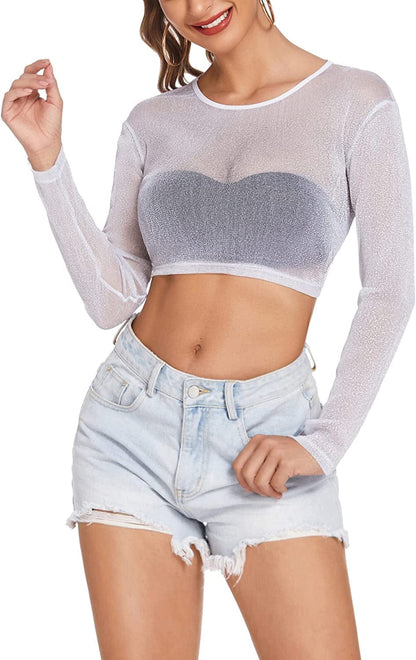 Avidlove Women Mesh Crop Top Long Sleeve See through Shirt Sheer Blouse O Neck Clubwear S-4XL Long Sleeve-white(shimmer) / 4X-Large