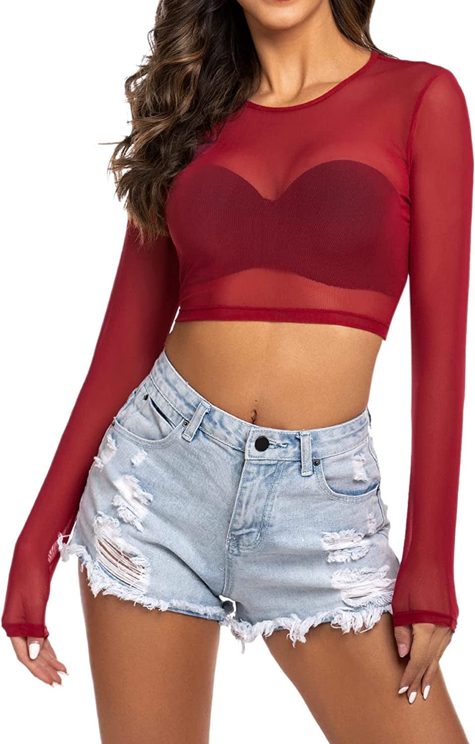 Avidlove Women Mesh Crop Top Long Sleeve See through Shirt Sheer Blouse O Neck Clubwear S-4XL Long Sleeve-pinkish Red / XX-Large