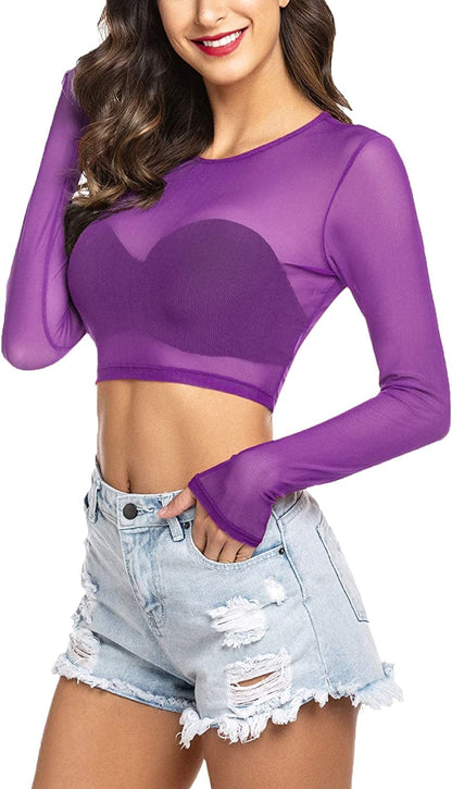 Avidlove Women Mesh Crop Top Long Sleeve See through Shirt Sheer Blouse O Neck Clubwear S-4XL Long Sleeve-purple / 3X-Large