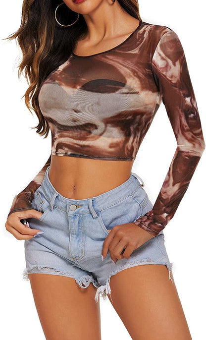 Avidlove Women Mesh Crop Top Long Sleeve See through Shirt Sheer Blouse O Neck Clubwear S-4XL Long Sleeve-pattern1 / XX-Large