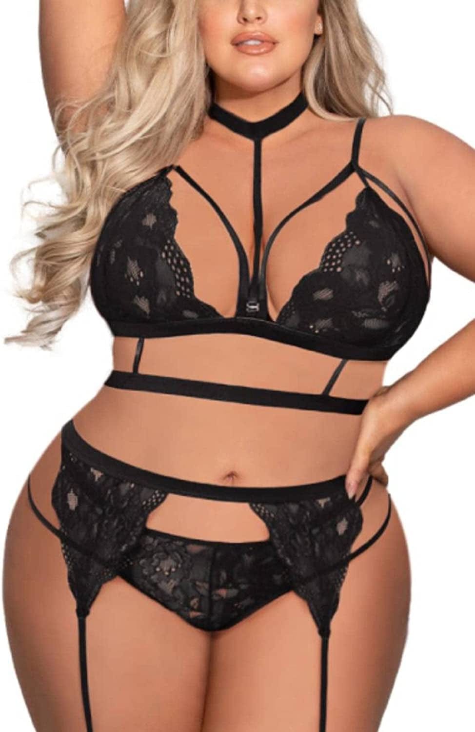 Avidlove Women'S Sexy Garter Lingerie Set with Choker Strappy Bra and Panty Set Teddy Babydoll Bodysuit (No Stockings) Black(plus Size) / 24 Plus