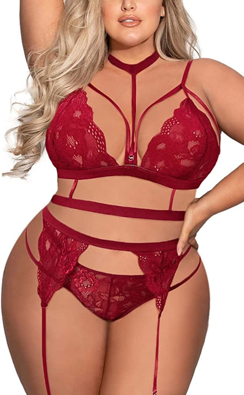Avidlove Women'S Sexy Garter Lingerie Set with Choker Strappy Bra and Panty Set Teddy Babydoll Bodysuit (No Stockings) Wine Red(plus Size) / 20 Plus