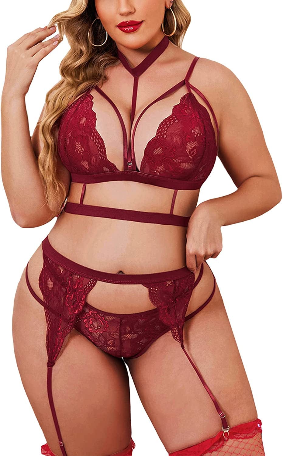 Avidlove Women'S Sexy Garter Lingerie Set with Choker Strappy Bra and Panty Set Teddy Babydoll Bodysuit (No Stockings) Cherry Red(plus Size) / 16 Plus
