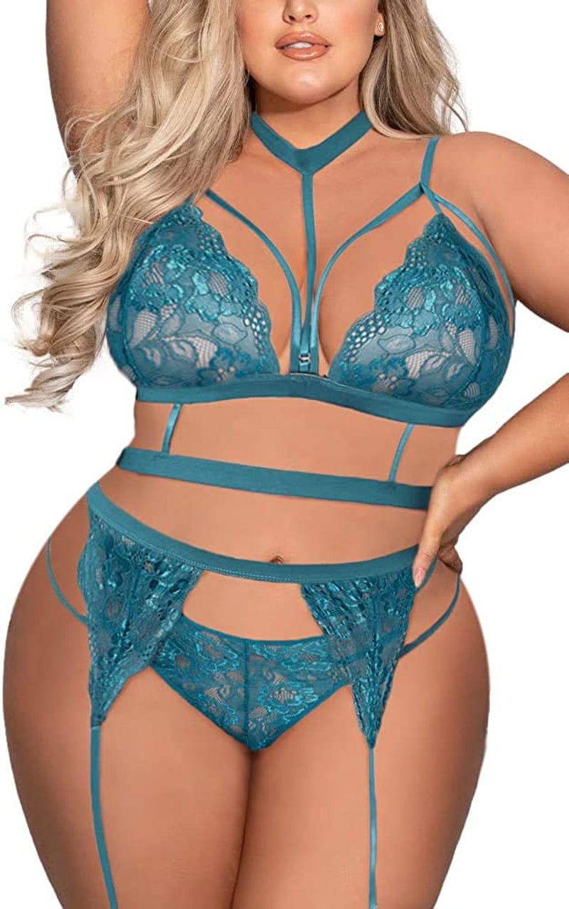 Avidlove Women'S Sexy Garter Lingerie Set with Choker Strappy Bra and Panty Set Teddy Babydoll Bodysuit (No Stockings) Blue Green(plus Size) / 24 Plus