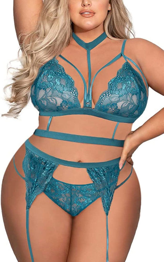 Avidlove Women'S Sexy Garter Lingerie Set with Choker Strappy Bra and Panty Set Teddy Babydoll Bodysuit (No Stockings) Blue Green(plus Size) / 24 Plus