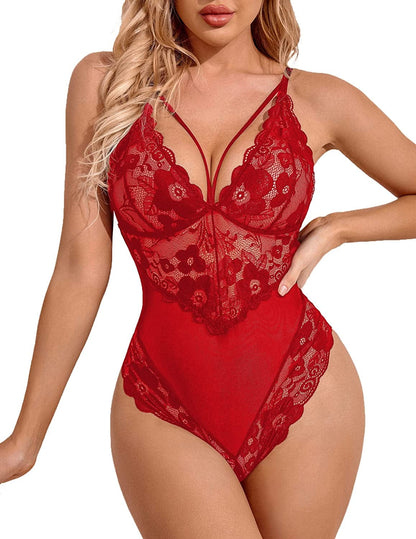 Avidlove Womens Snap Crotch Lingerie Lace Teddy One Piece Babydoll Sexy Mini Bodysuit Bright Red / Medium