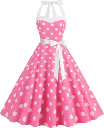 AWIBMK Women Vintage 1950S 50S Plaid Polka Dot Swing Dresses Spaghetti Straps Rockabilly Tea Dress Pink Polka Dot 3 / Large