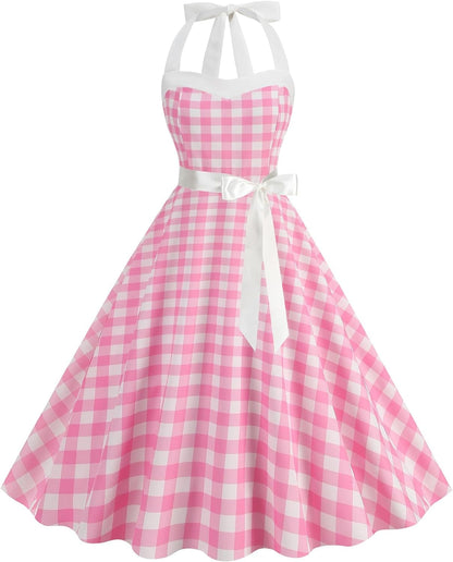 AWIBMK Women Vintage 1950S 50S Plaid Polka Dot Swing Dresses Spaghetti Straps Rockabilly Tea Dress Pink Checkered 2 / Large