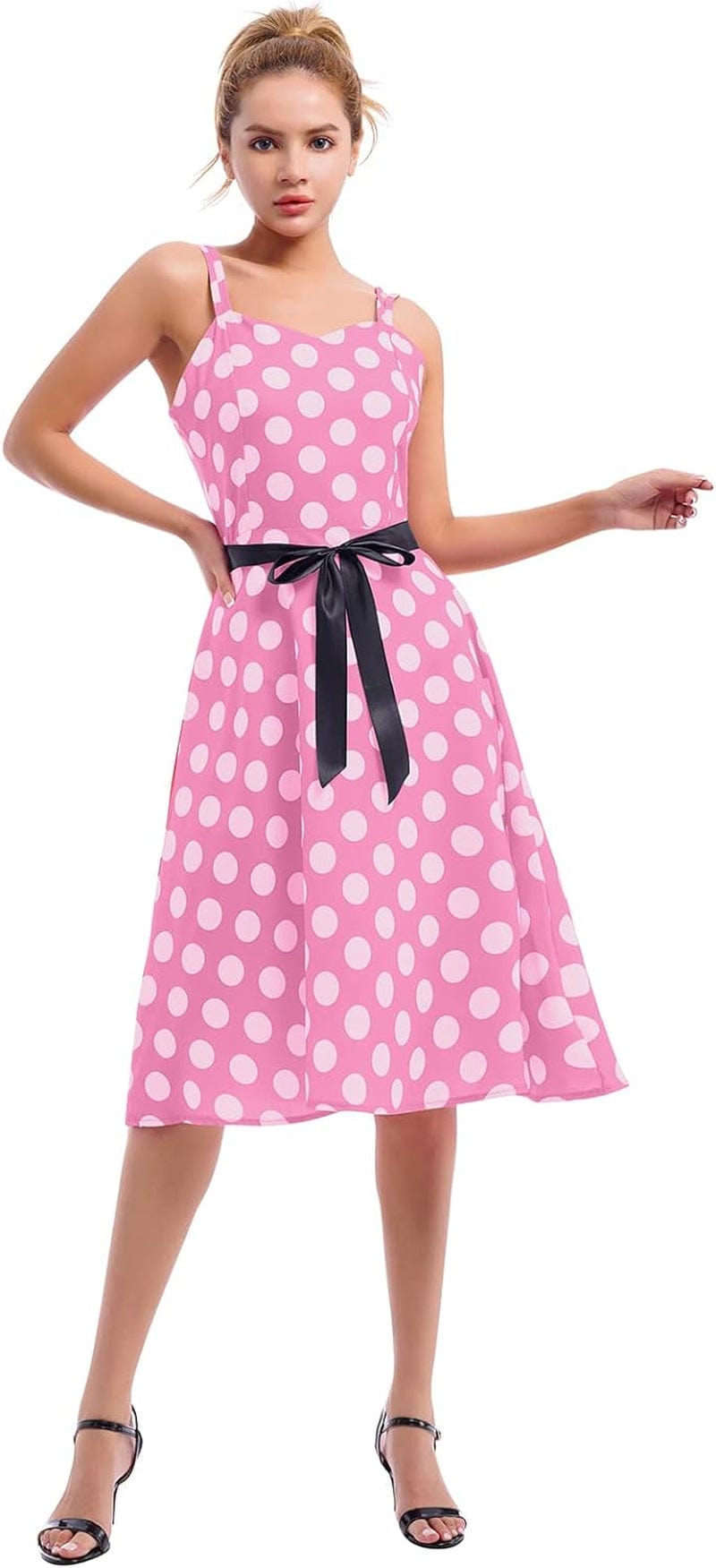 AWIBMK Women Vintage 1950S 50S Plaid Polka Dot Swing Dresses Spaghetti Straps Rockabilly Tea Dress Pink Polka Dot / Medium