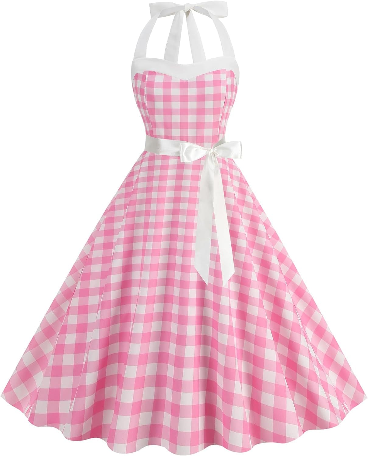 AWIBMK Women Vintage 1950S 50S Plaid Polka Dot Swing Dresses Spaghetti Straps Rockabilly Tea Dress Pink Checkered 2 / Medium