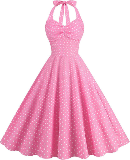 AWIBMK Women Vintage 1950S 50S Plaid Polka Dot Swing Dresses Spaghetti Straps Rockabilly Tea Dress