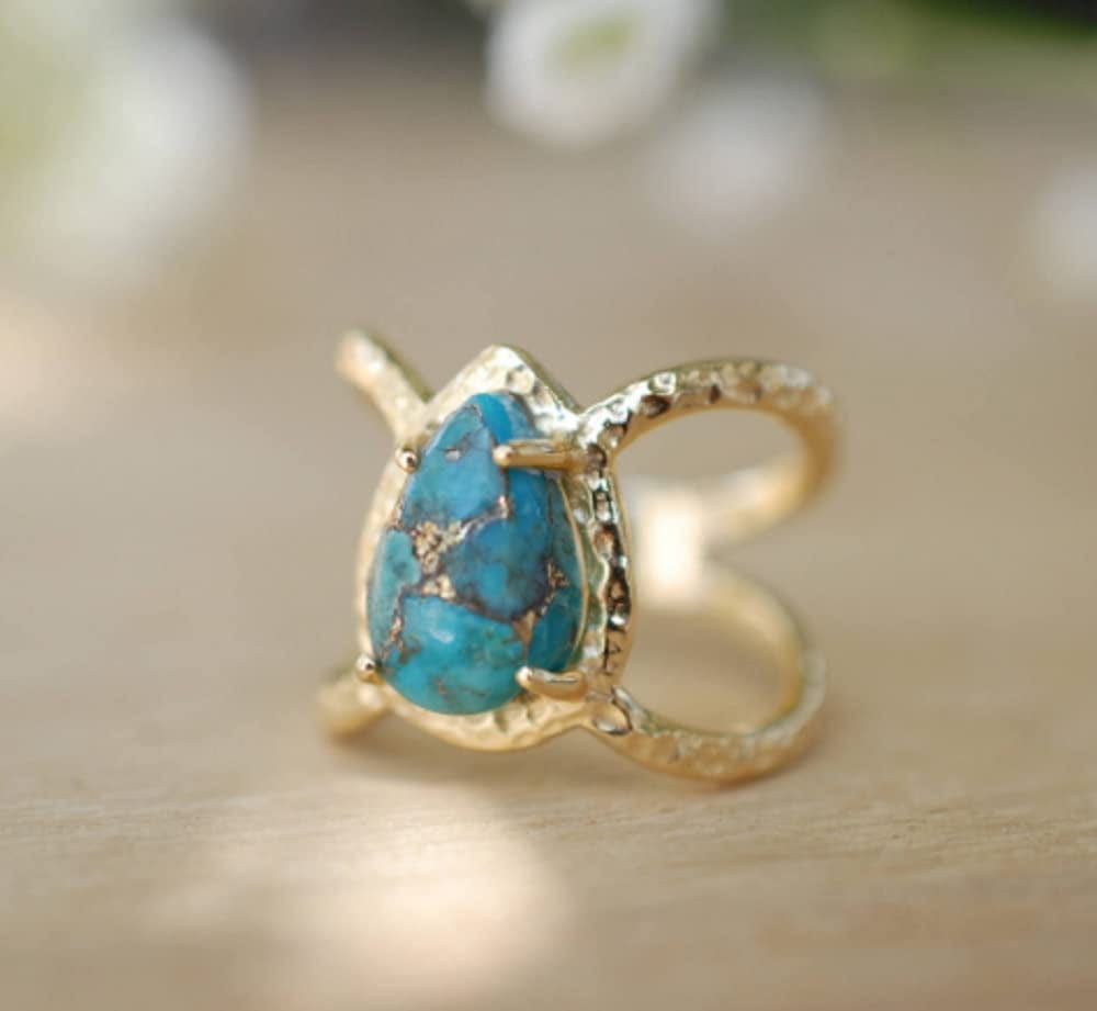 Awmnjtmgpw 18K Gold Inlaid Teardrop Pear Shaped Turquoise Ring Size 6-10 (Size 6)