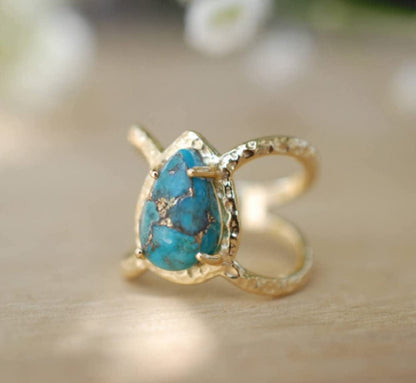 Awmnjtmgpw 18K Gold Inlaid Teardrop Pear Shaped Turquoise Ring Size 6-10 (Size 6)