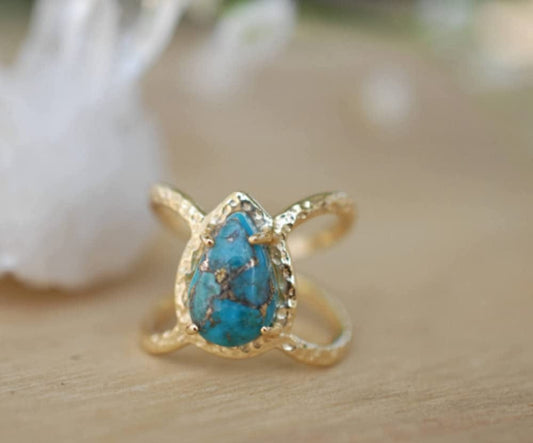 Awmnjtmgpw 18K Gold Inlaid Teardrop Pear Shaped Turquoise Ring Size 6-10 (Size 6) Size 10