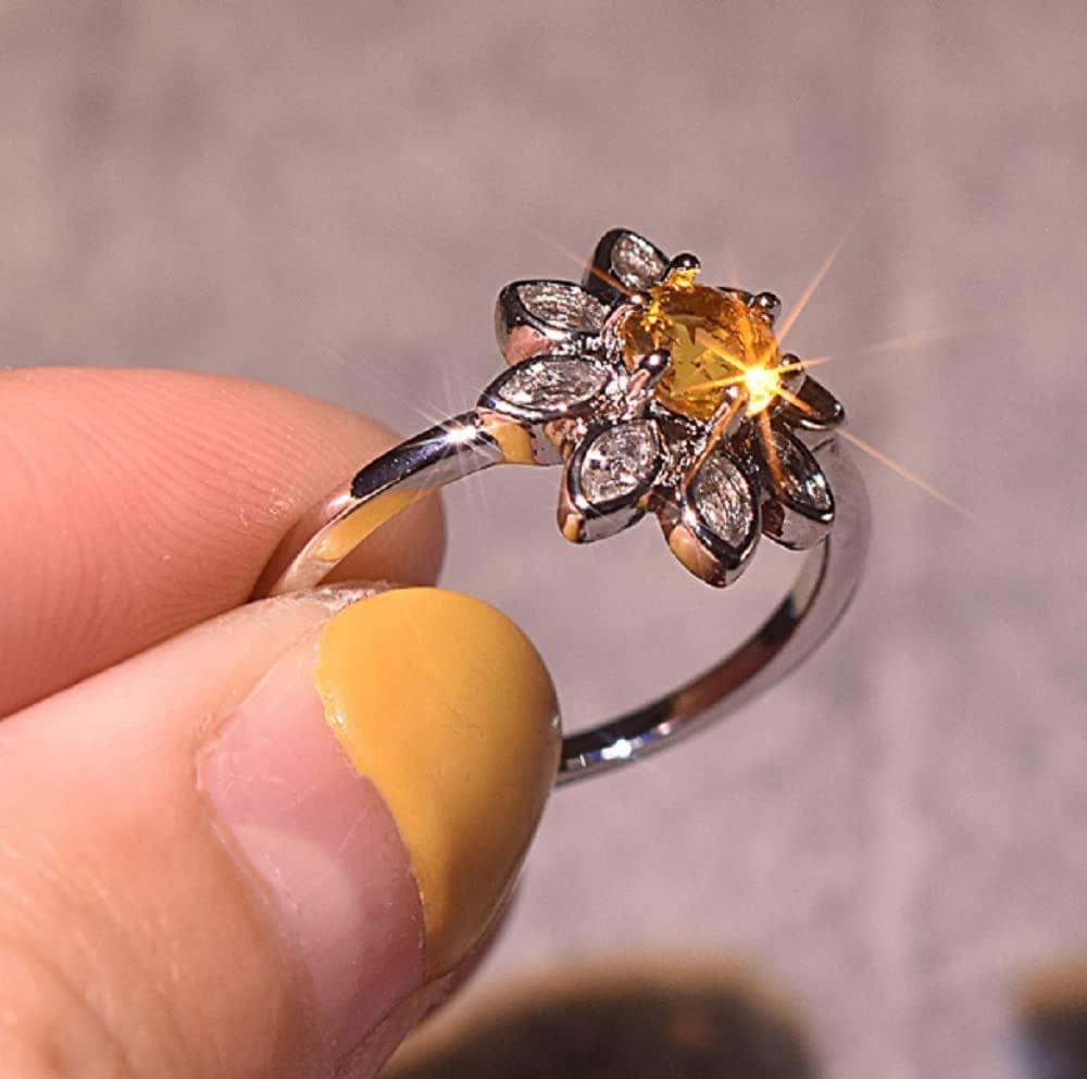 Awmnjtmgpw 925 Sterling Silver Sunflower Ring Yellow Topaz and Yellow Protein Diamond Ring Eternal Sunflower Flower Square Zircon Stackable Ring Women'S Ring Size6-10 (Size 6)