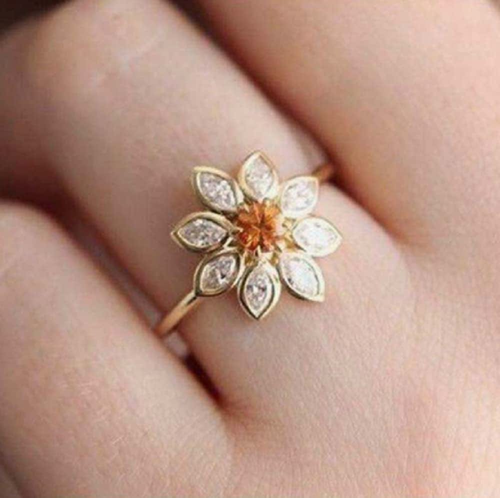Awmnjtmgpw 925 Sterling Silver Sunflower Ring Yellow Topaz and Yellow Protein Diamond Ring Eternal Sunflower Flower Square Zircon Stackable Ring Women'S Ring Size6-10 (Size 6)