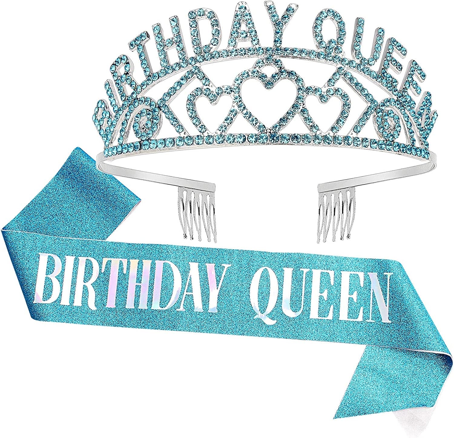 CAVETEE Gold Birthday Queen Rhinestone Tiara and Sash- Birthday Tiara and Sash Birthday Party Favors Glitter Birthday Decorations for Women（Multi Color Letter） Apparel & Accessories > Clothing Accessories > Sashes CAVETEE Blue Queen  