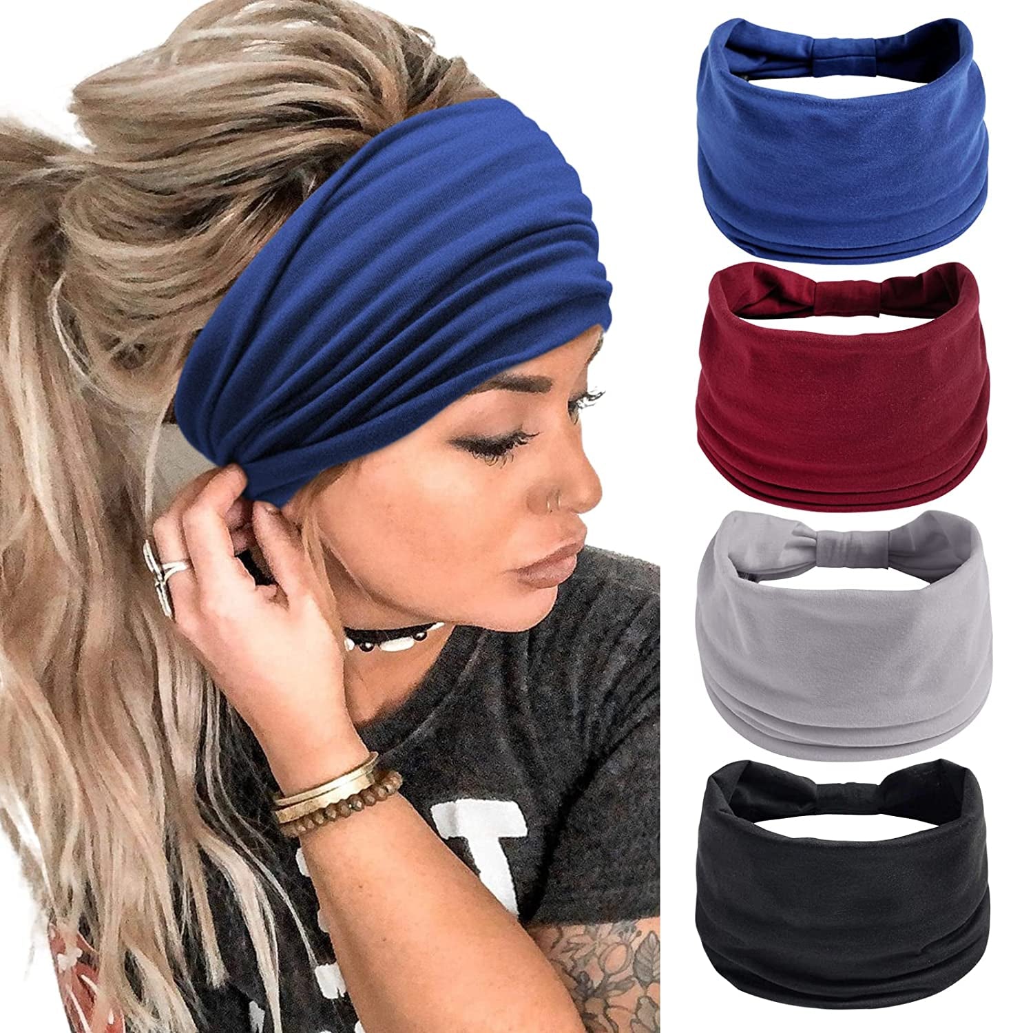 Wide Headbands for Women Black Stylish Head Wraps Boho Thick Hairbands Large African Sport Yoga Turban Headband Hair Accessories (Pack of 4) Apparel & Accessories > Clothing Accessories > Bandanas & Headties Huachi Headbands 4  