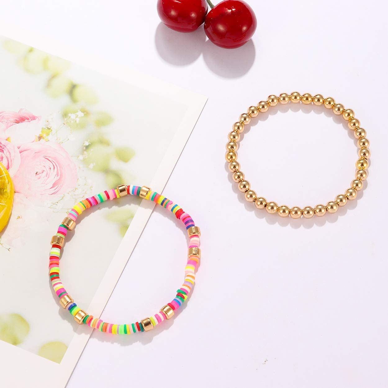 Colorful Beaded Bracelet for Women Heishi Bracelet Set Assorted Gold Bead Stackable Stretch Strand Bracelet Apparel & Accessories > Jewelry > Bracelets WETMT   