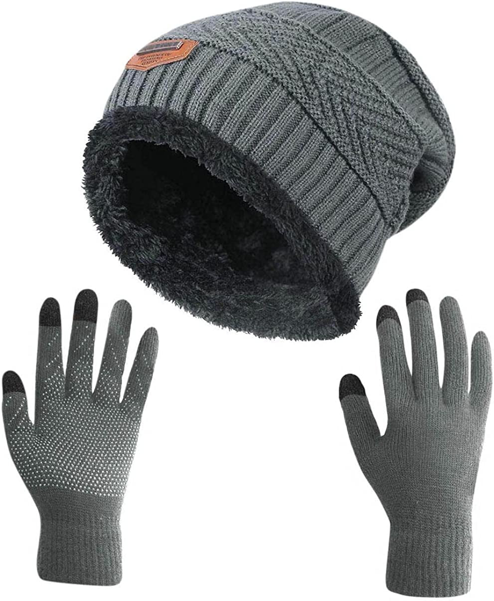 HINDAWI Winter Slouchy Beanie Gloves for Women Knit Hats Skull Caps Touch Screen Mittens Apparel & Accessories > Clothing Accessories > Gloves & Mittens HINDAWI Hat+gloves (Dark Grey)  