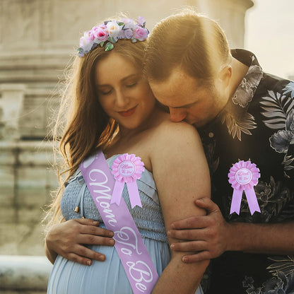 Baby Shower Decoration for Mom to Be and Dad to Be, Pink Flowers Style Tiara + White & Pink Sash + White & Pink "Dad to Be" Pin, Maternity Christmas Gift for Her Nd Him Apparel & Accessories > Clothing Accessories > Sashes VeryMerryMakering   