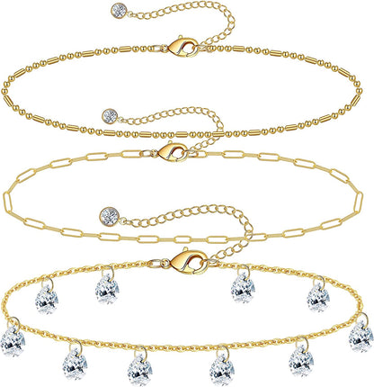 Gold Ankle Bracelets for Women 14K Gold Plated Anklet Silver Tennis Rose Quartz Cross Bead Herringbone Snake Paperclip Chain Cubic Zirconia Dainty Layered Anklet Set 3Pcs Apparel & Accessories > Jewelry > Anklets WeSparking G-Yellow Gold-TD CZ  