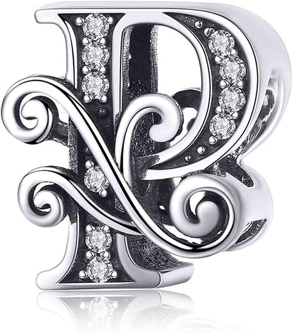 Solid 925 Sterling Silver with Cubic Stones, Complete A~Z Gift Options Alphabet Charm Letter Beads Fit Pandora European Bracelets Apparel & Accessories > Jewelry > Bracelets ABAOLALA ALPHABET P  