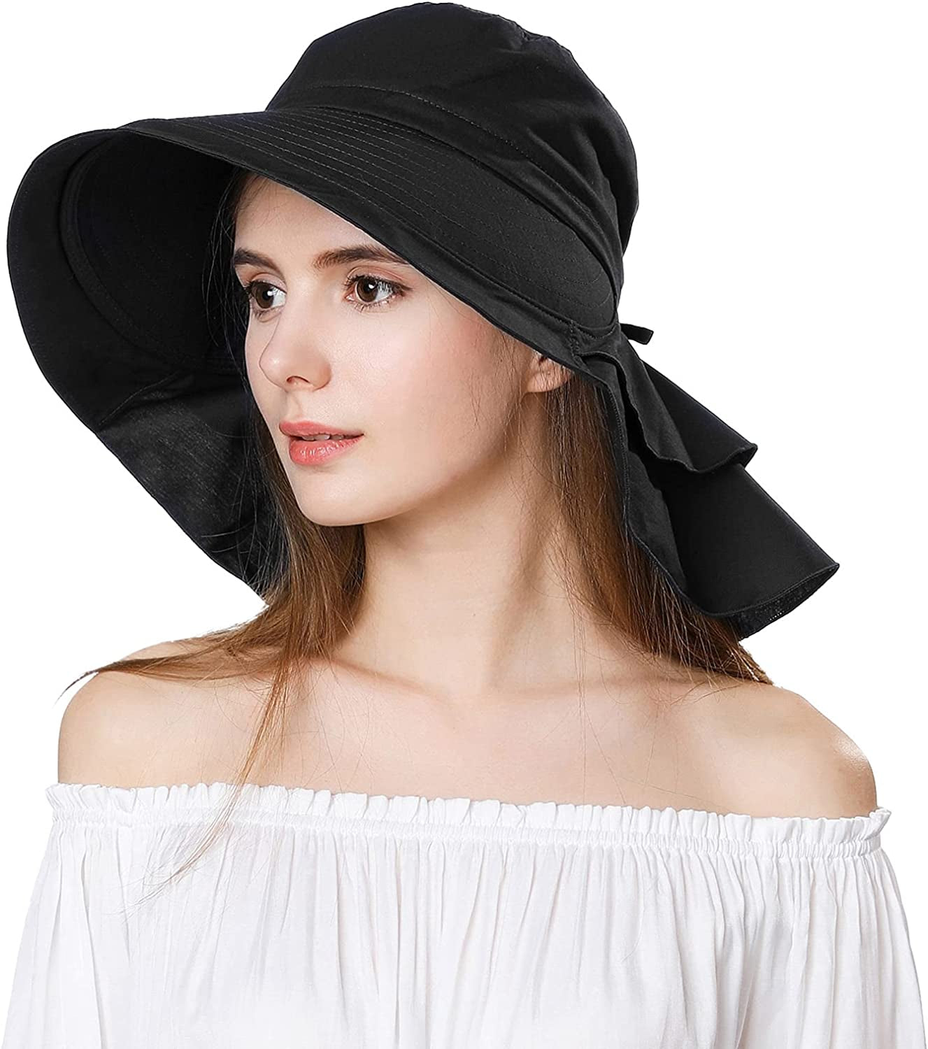 Siggi Summer Pony Tail Flap Cap UPF 50+ Cotton Sun Hat with Ponytail Hole Neck Cover Cord for Women 55-61Cm Apparel & Accessories > Clothing Accessories > Hats Comhats 69085_black Medium 