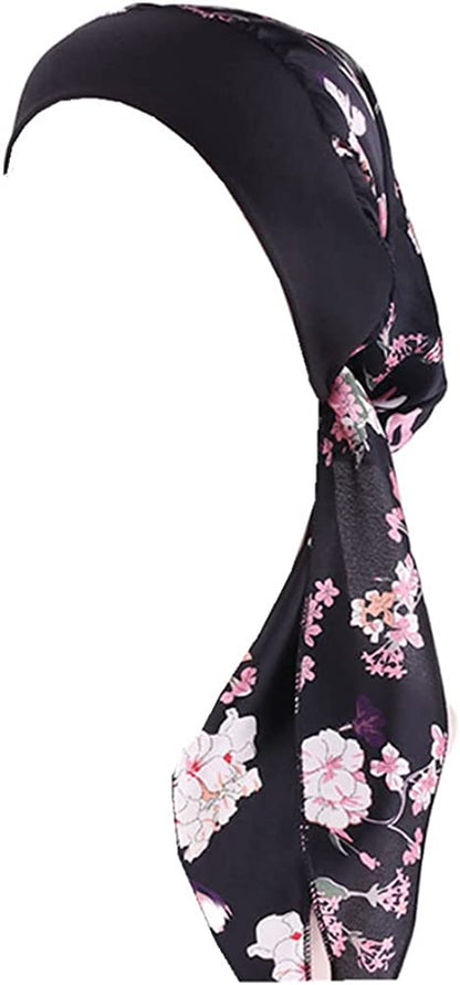 CCCHO Women Vintage Silky Turbans Bonnet Elastic Wide Band Multifunction Printing Hat Chemo Hair Loss Cap Apparel & Accessories > Clothing Accessories > Headwear CCCHO Black Flower  