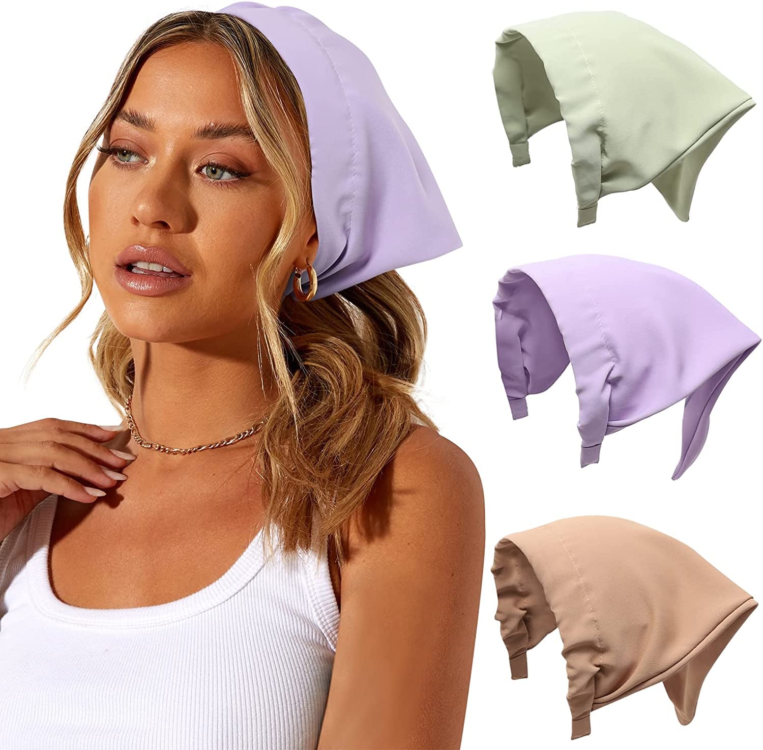 Floral Elastic Hair Scarf Headband - 3 PCS Chiffon Head Kerchief Headband Floral Hair Scarves with Hair Clips Hair Bandanas Apparel & Accessories > Clothing Accessories > Bandanas & Headties AWAYTR Solid Color (Green/Purple/Khaki)  