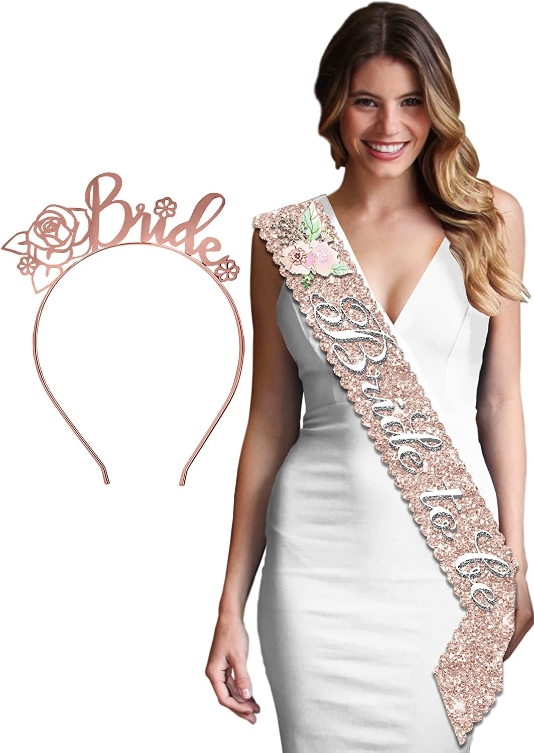 Bride Rose Gold Bridal Shower Set - BRIDAL GRADE SATIN White Sash & Rose Gold Diamond Bride Headband, Bride Kit, Bridal Giftset (B2B & HB Rsgld)Wht Apparel & Accessories > Clothing Accessories > Sashes RhinestoneSash Bride to Be (Sparkling Rosé Sash - Rosé Gold Floral Bride Headband)  