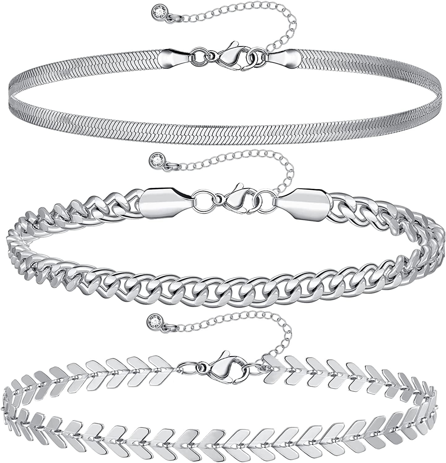 Kissyan Gold Layered Ankle Bracelets for Women, Dainty 14K Gold Plated Layering Anklets Set Adjustable Fashion Cuban Link Snake Tennis Chain Ankles Summer Beach Foot Jewelry Gifts for Women Girls Apparel & Accessories > Jewelry > Anklets KissYan E-Silver  